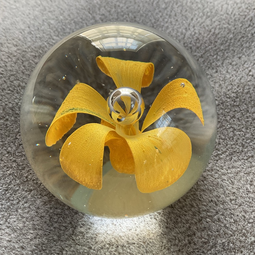 Mesmerizing Vintage Glass Paperweight Hand Blown Yellow Flower